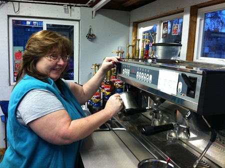 Cherie Stone making coffee at Stone Ground Coffee
